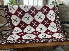 Vintage Handmade Sparkling Snowflake/Santa Christmas Quilt 66x66 Red Black Silv