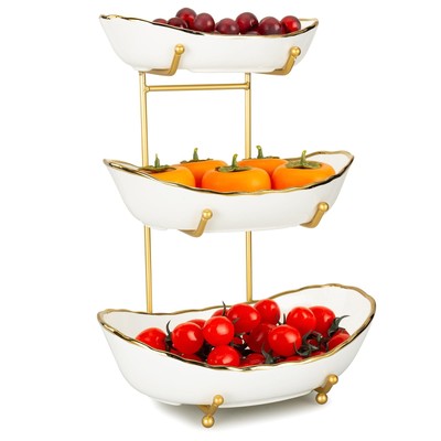 3 Tier Fruit Basket Ceramic Fruit Bowl Vegetable Storage with Metal Rack Porc...