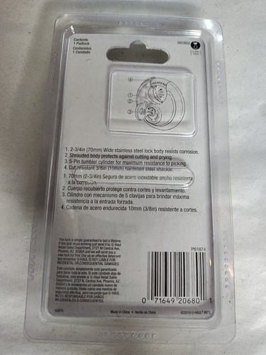 U-Haul Max Security Storage Lock 2-3/4" Stainless Steel 02870 Padlock 5 Pin New - Picture 6 of 6