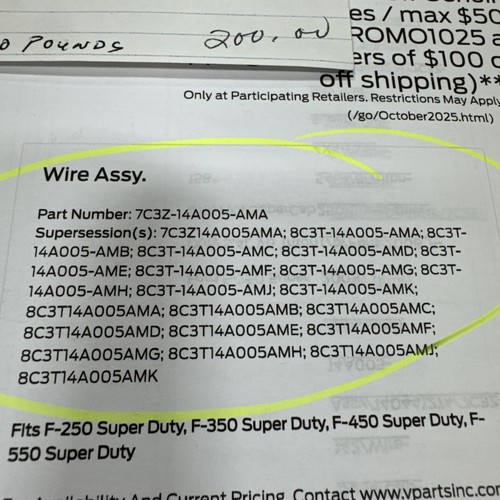 Ford 7C3Z-14A005-AMA Harness Wire Asm 2008 Ford Super Duty F250,350,450,550 NOS - Picture 2 of 24
