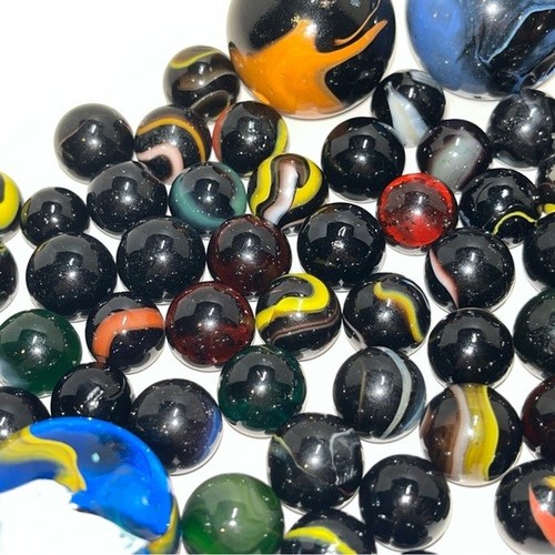 70+ Vintage Black Glass Marble Lot Mixed Swirls Solid Unique Beautiful 70s - Picture 7 of 14
