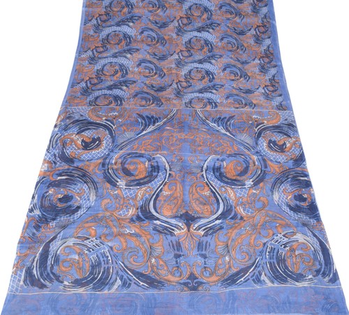 Sushila Vintage Steel Blue Saree 100% Pure Silk Printed Paisley 6Yd Craft Fabric - Picture 2 of 9