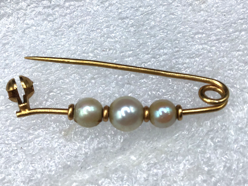 18K GOLD 3 PEARL safety pin brooch - European gold mark 750 - Victorian - Bild 3 von 5