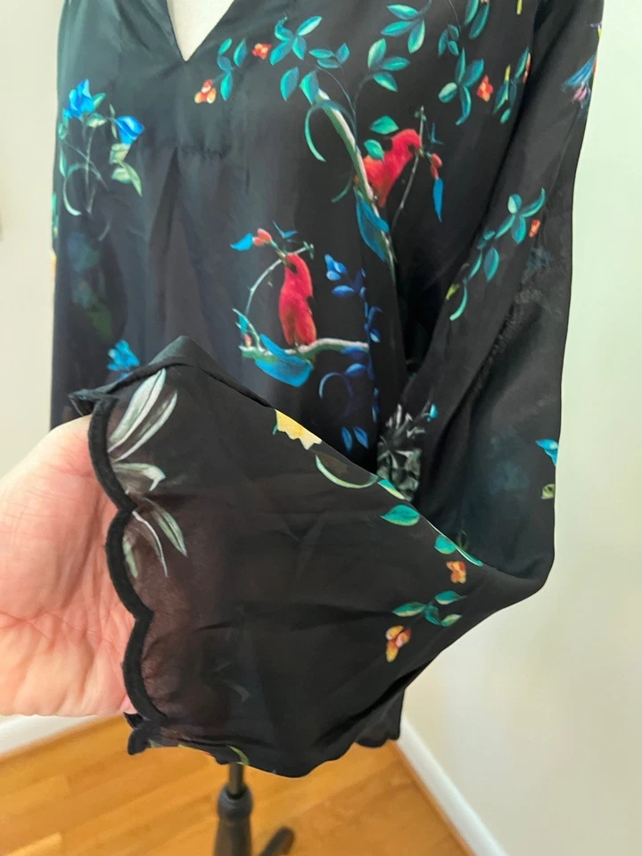 Blusa Johnny Was Seda Transparente Botón Frontal Pájaros y Flores Estampado Talla M Foto 3 de 4