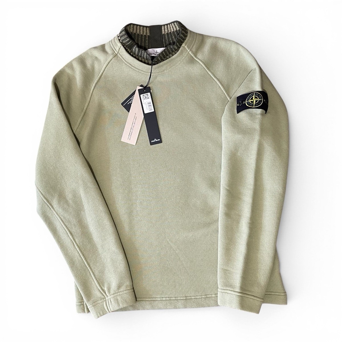 Stone Island Sweatshirt Green Organic Cotton Knit Collar Patch 