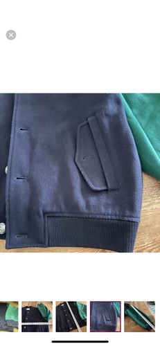 Vintage 80s Adidas Wool Varsity Bomber Jacket Navy Blue + Green - Picture 13 of 14