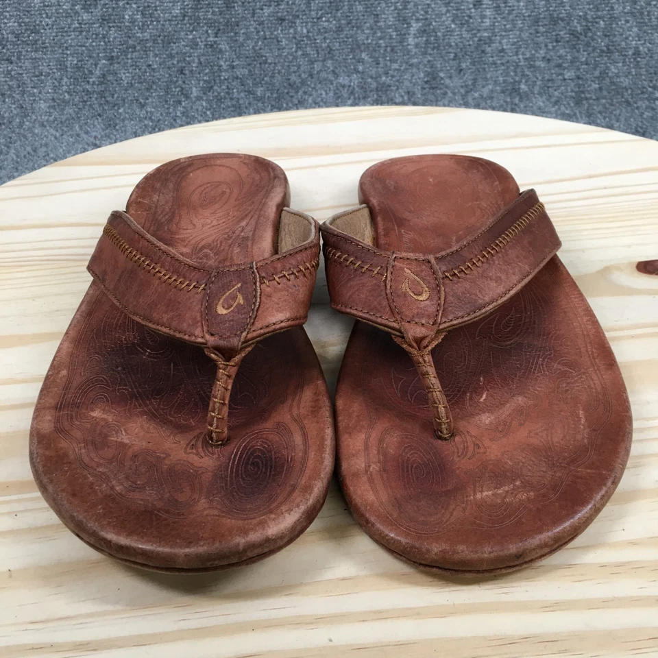 Sandalias OluKai Hombres 12 Marrón Hiapo Chanclas Tanga Cuero Puntera Informales Planas Foto 4 de 4