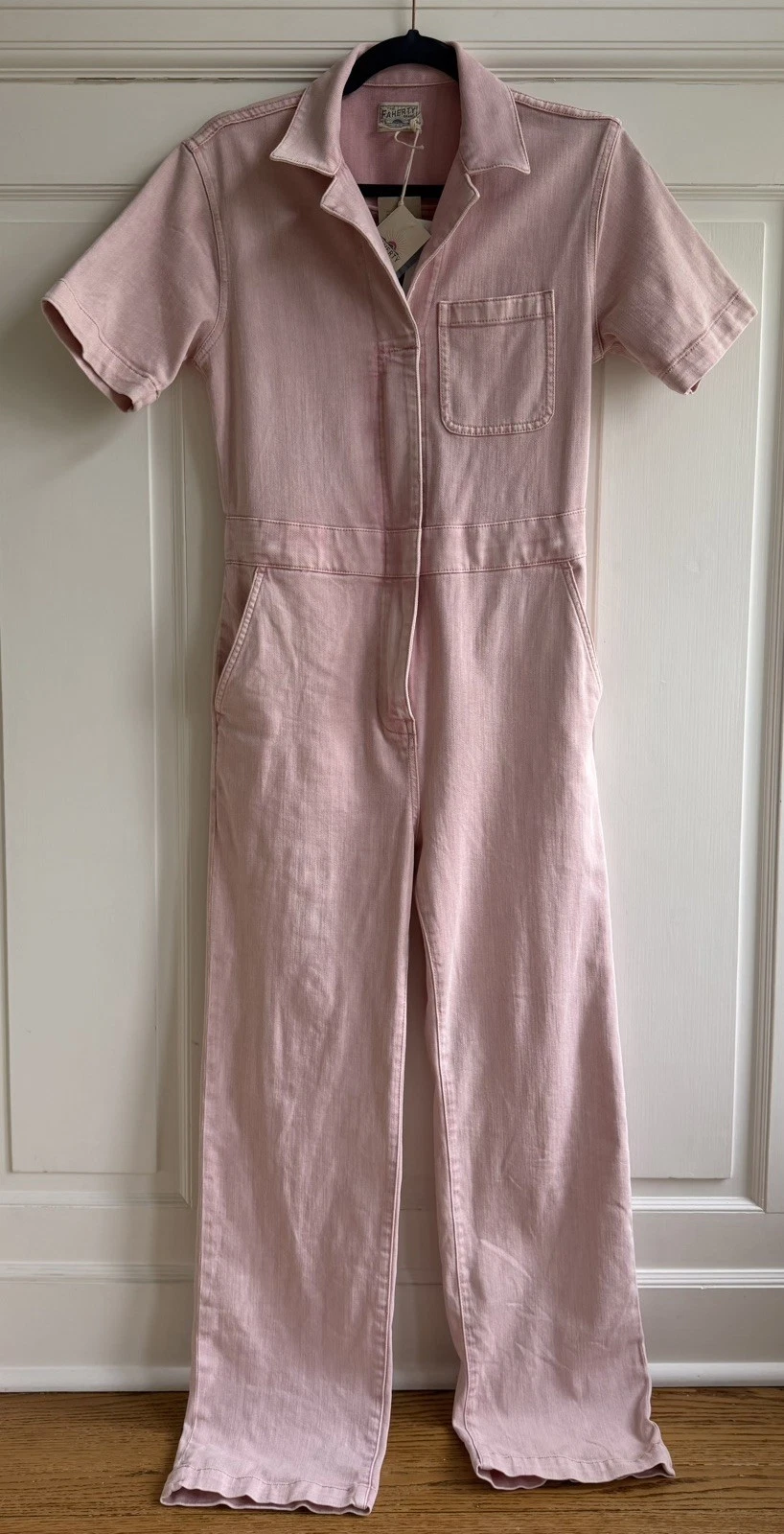 Faherty Blaise Denim Short Sleeve Jumpsuit Light Pink Sz XS NWT Utilitarian Chic