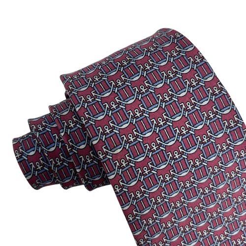 Hermes Mens Tie Geometric Anchors Burgundy/Blue Silk 908 HA 3" (W) x 56" (L) guc - Picture 6 of 8