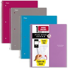 Five Star Spiral Notebook Study App, 4 Pack, 1 Subject, Wide Ruled Paper, 8" x