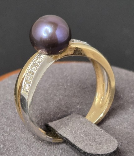 Plum Tahitian Pearl Diamond 14k White & Yellow Gold Ring 4g Size 6.5 - Picture 4 of 18