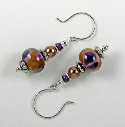 Lampwork Earrings Handmade Brown Purple Glass Bead Dangle w Sterling Earhooks - Picture 5 of 5