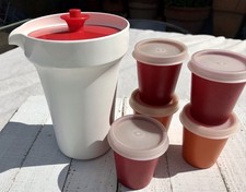 Vtg Tupperware Play Set Push Button Pitcher Red Orange Mini Tumblers Lids Picnic