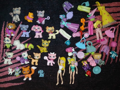 Gros Lot Polly Pocket 2 poupées + 13 Pet Animaux Chat Cat vêtements accessoires
