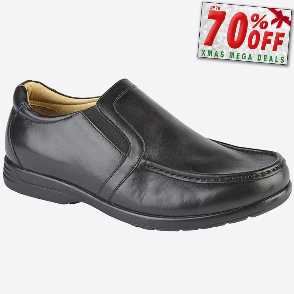 Roamers Newfield Men Smart Casual Classic Leather Slip On Loafers Black Wide Fit