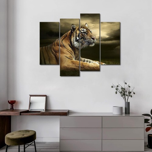 4 Panel Wall Art Tiger Looking and Sitting Under Dramatic Sky with Clouds Pai... - Picture 3 of 8