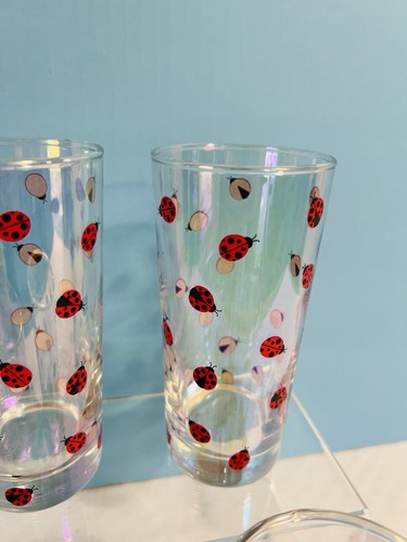 VTG Lovely Set Of 4 Rare Lady Bug Iridescent Tumbler Glasses~Very Nice Condition - Picture 3 of 9