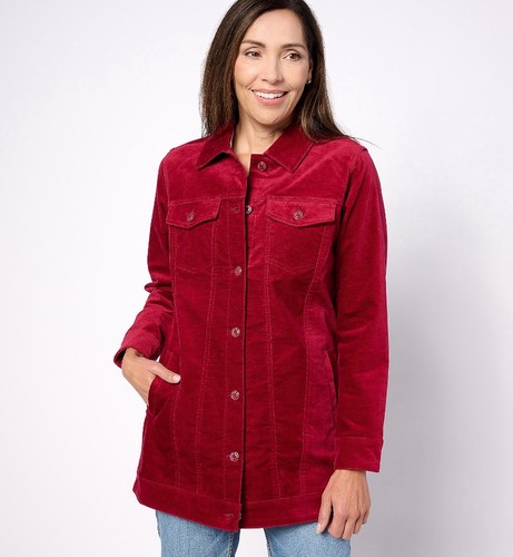 Denim & Co Stretch Samt Regular Long Jacke, Large, Cranberry, A92110