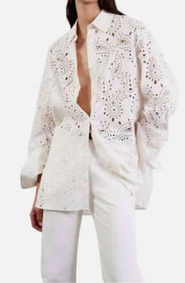 NEW NILI LOTAN Mael Embroidered Poplin Shirt In Ivory SZ M #T2959