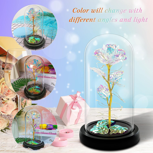 Glass Preserved Eternal Rose, Birthday for Her Women Gold Foil Artificial with D - Picture 3 of 12