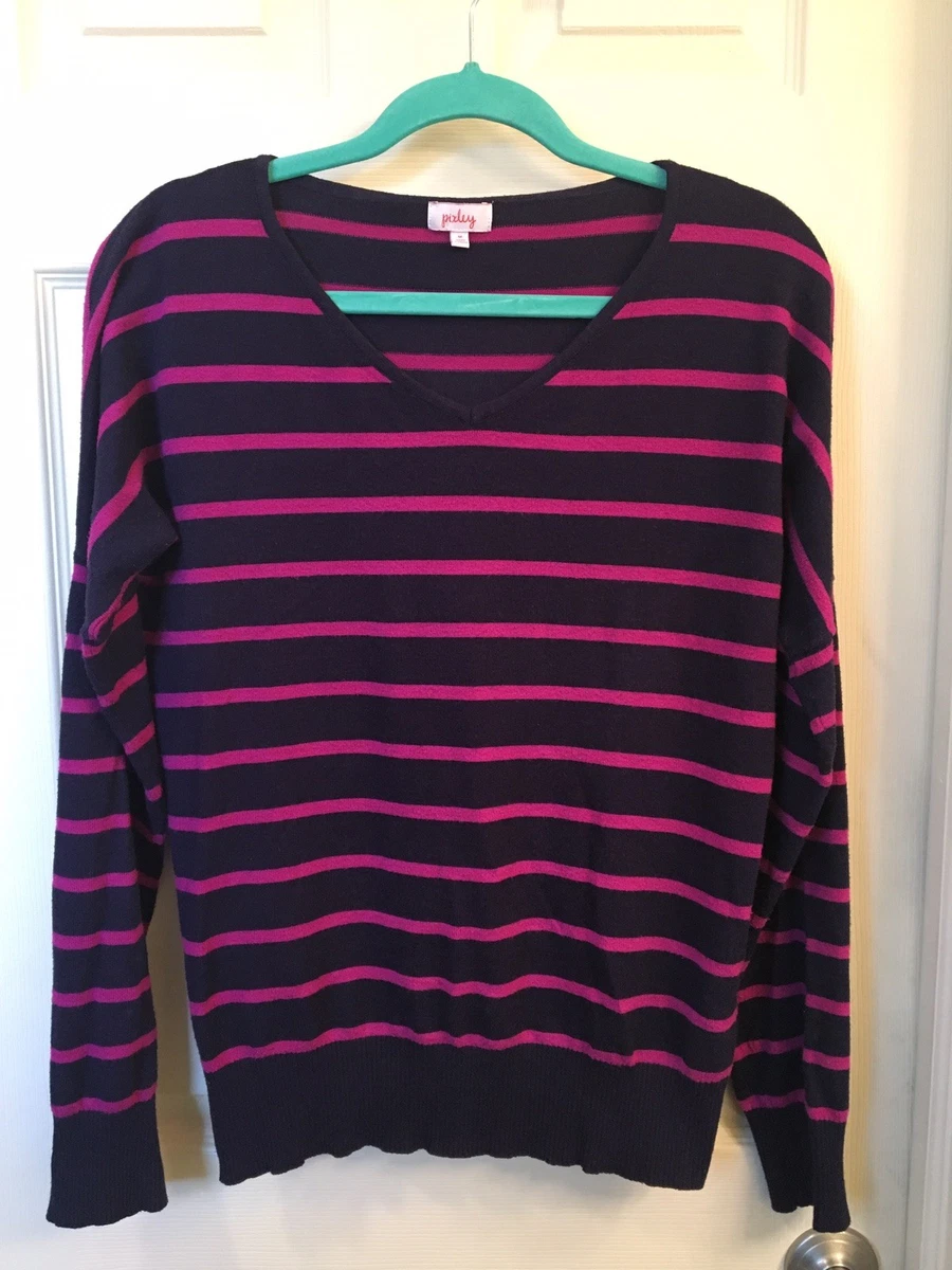 EUC PIXLEY Women s Pink Navy Blue STRIPED V Neck Ribbed Knit