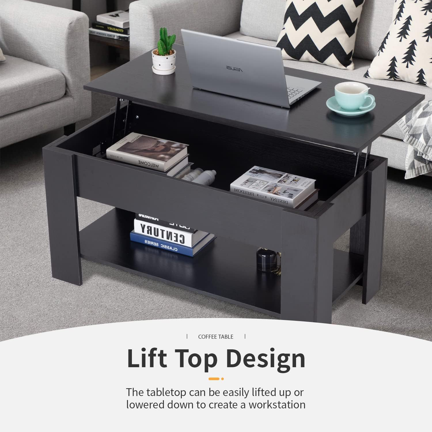 Lift Top Coffee Table with Hidden Compartment and Storage Shelf Wooden Lift Tabl