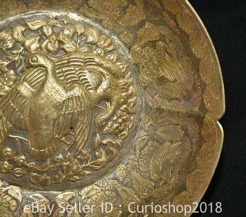 10.8" Old Chinese Bronze Gilt Fengshui Phoenix Bird Double Ear Bowl Bowls - Picture 7 of 21