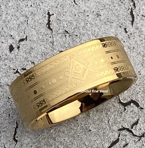 MENDEL Mens 10k Gold Plated Freemason Masonic Band Ring Stainless Steel Siz 7-15 - Picture 4 of 7