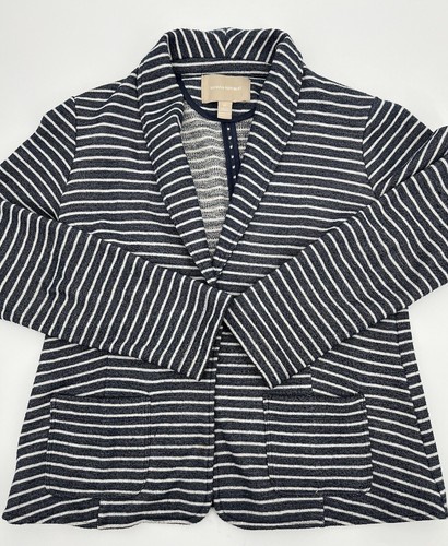 Banana Republic Women's Blue & White Striped Knit Jacket M Pockets Blazer V Neck - Picture 2 of 11