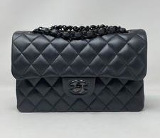 CHANEL “SO BLACK” Small Classic Double Flap Black Pearly Lambskin RARE 23B 🦄🦄