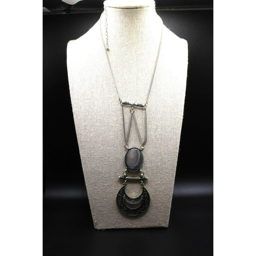 Long Silver Tone Faux Abalone Glass Stone Pendant Multi Tier Statement Necklace - Picture 3 of 5
