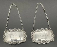 Pair Of Large English Sterling Silver Liqour Labels “Whiskey” “Sherry” John Rose