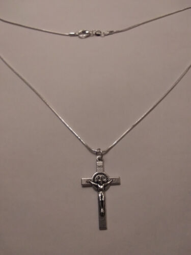 Collana catena argento sterling 925 20" croce crocifisso medaglia San Benedetto - Foto 2 di 3