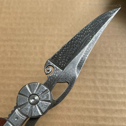 Coltello in piuma da collezione fatto a mano lusso Damasco coltello da tasca cuscinetto a sfera - Foto 16 di 20