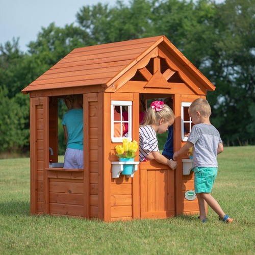 Kids Wooden Playhouse w/ Windows Door Cedar Wood Toddler Child Outdoor Backyard - Picture 3 of 12
