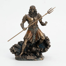 8" Tall Poseidon Ruler of the Sea Holding Trident Standing on Wave Cold Cast Res