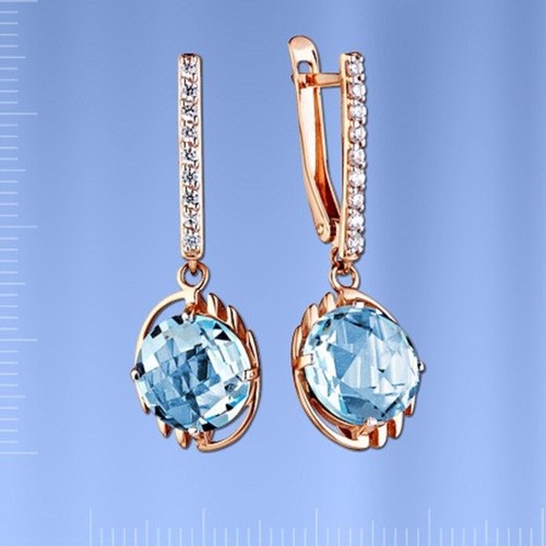 Solid rose gold 585 blue briolette topaz, CZ dangle Earrings 6,03g - Picture 2 of 3
