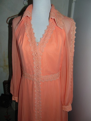 Estevez 60s 70s Vintage Coral Chiffon Lace Evening Layered Maxi Fit Flare Dress - Picture 9 of 18