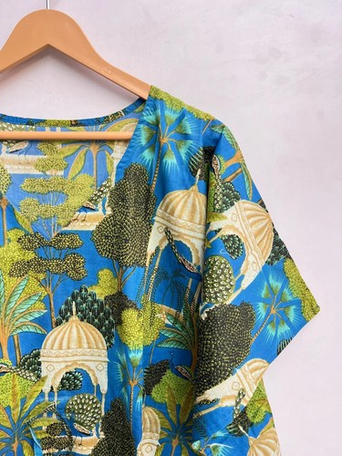 Indian Vintage 100% Cotton Long Beach Maxi Kaftan Dress One Size Caftan Kimono - Picture 8 of 8