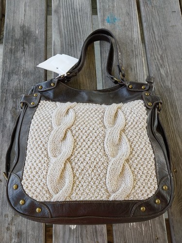 Canyon River Blues Cable Knit shoulder purse Trimed In Brown Leather