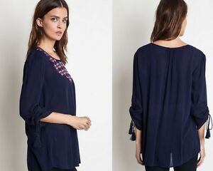 Umgee-Navy-Coral-Embroidered-3-4-Sleeve-Tassel-Peasant-Tunic-Small-Medium-Large