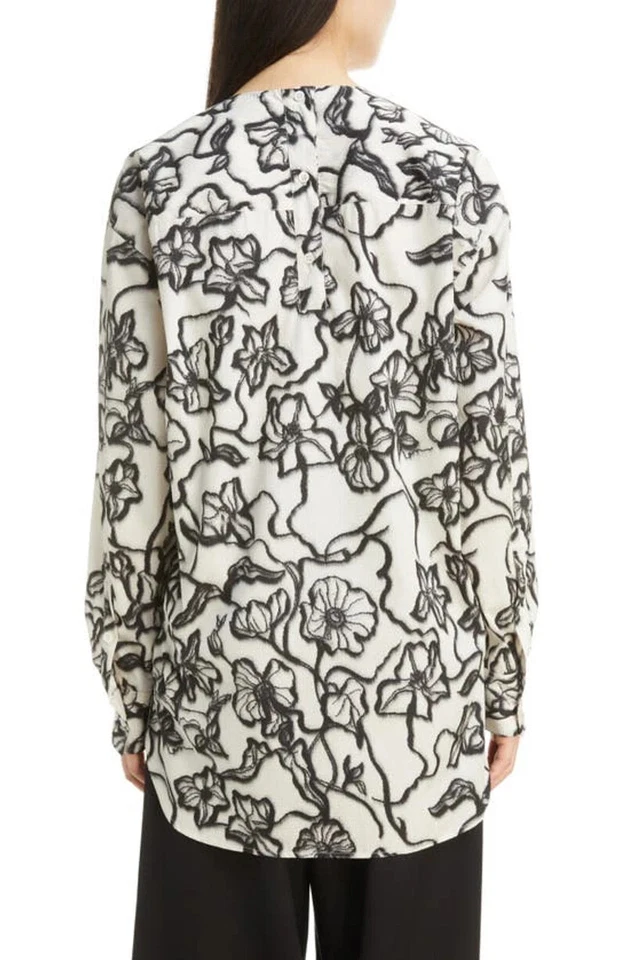 NUEVA Blusa Dries Van Noten Chado Estampado Floral en Negro/Blanco Talla Pequeña #T2461 Foto 3 de 4