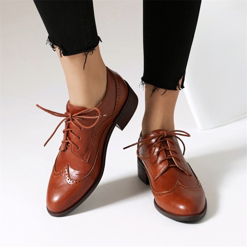 Retro Womens Lace UP Pointed Toe Carved Mid Heels Oxfords Brogues Shoes Fashion - Picture 1 of 27