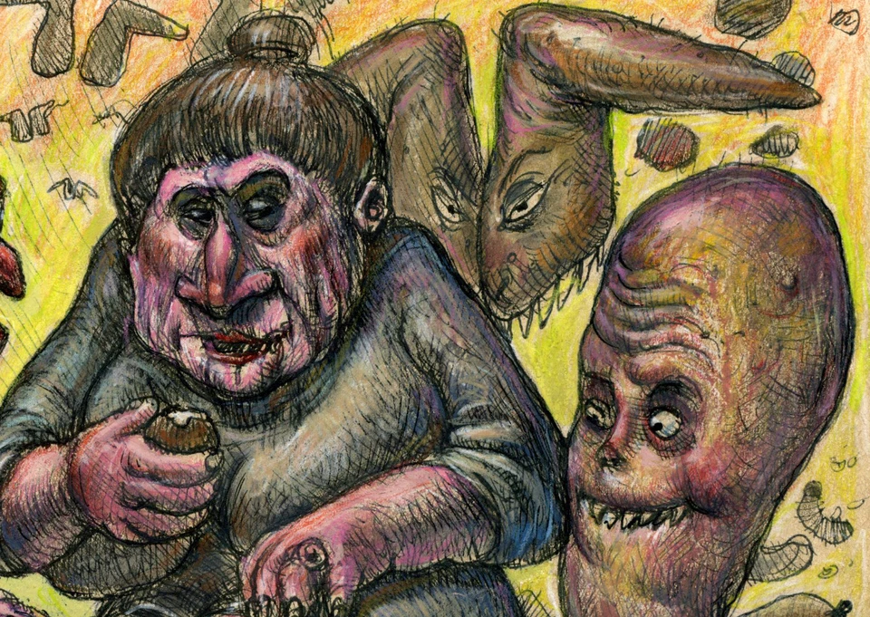 Pintura Acuarela Original con Pluma y Lápices de Colores sobre Papel - Firmada a Mano Foto 3 de 4