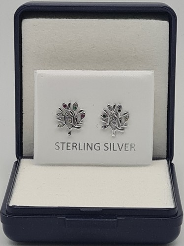 925 Sterling Silver Tree of Life Coloured CZ Stones Women, Girl Pierced Earrings - Picture 2 of 6