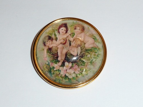 Musical Cherubs In Garden Flower Domed Shank Button 1-1/2" Gold Bezel - Bird - Picture 1 of 4
