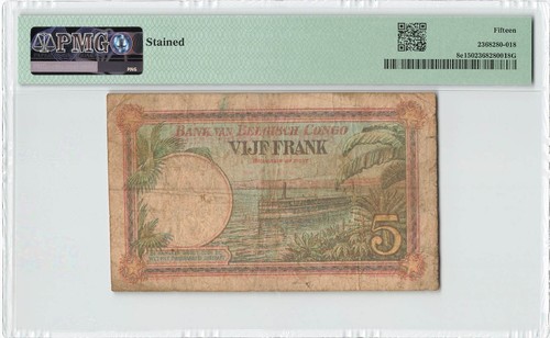 BELGIAN CONGO 5 Francs 1929, P-8e, PMG 15 Choice Fine (Stained), Popular Note. - Picture 2 of 2
