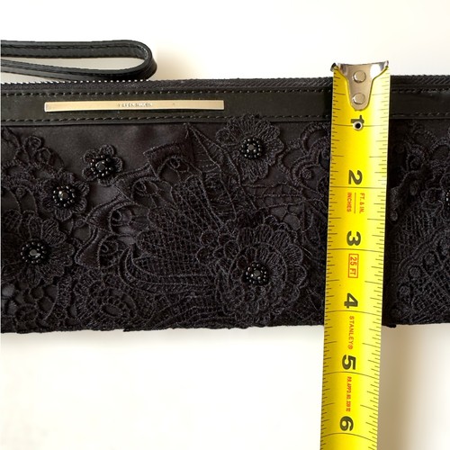 Karen Millen Black Lace Beaded Floral Rectangle Bag Clutch Purse Sleek Elegant - Picture 9 of 9