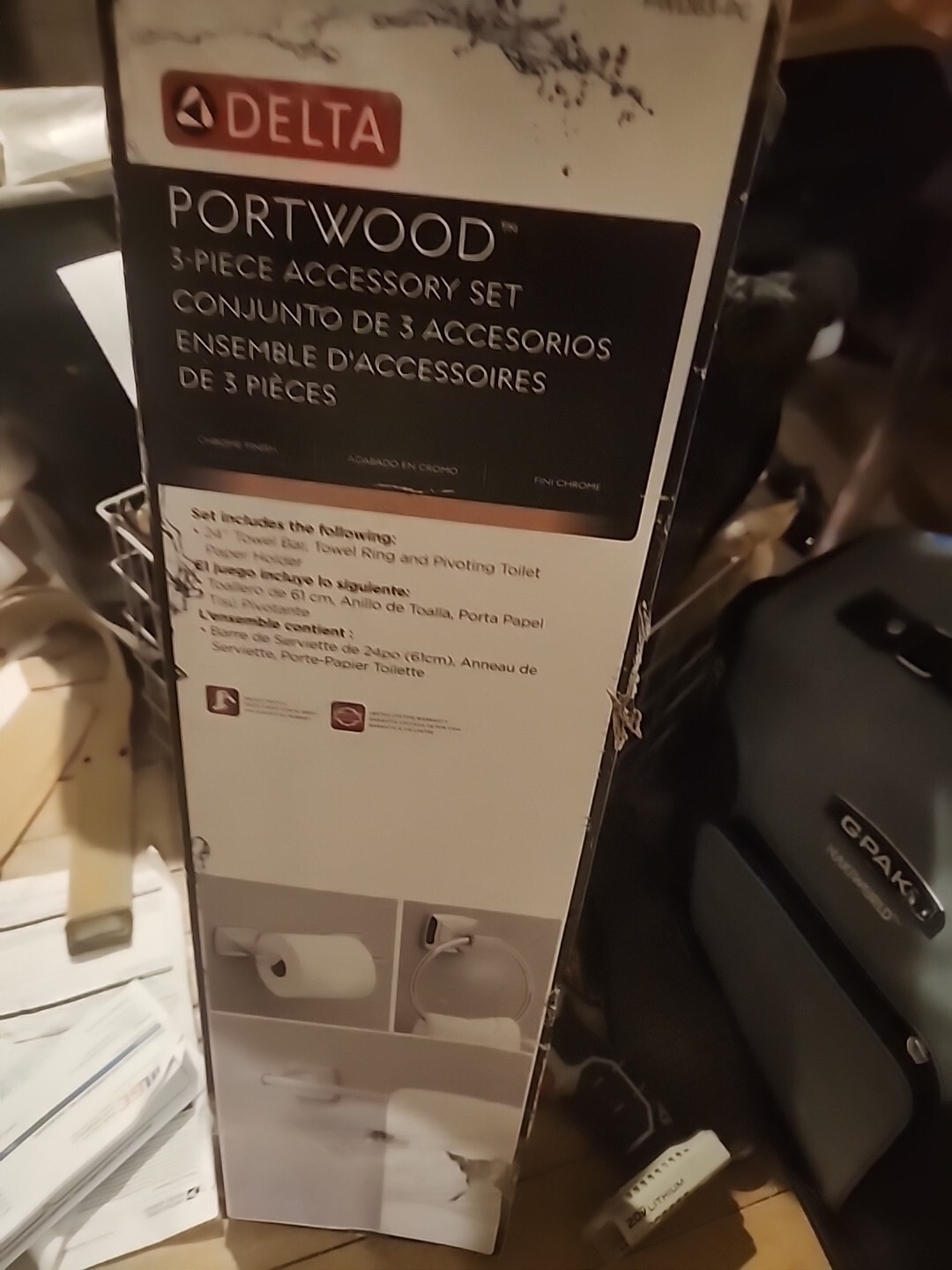 Delta Portwood 3 piece Bath Kit accessory Towel Bar, Ring, Pivoting Tissue Hold eBay