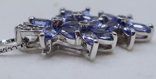 New w Tag Sterling Silver Triple Flower Tanzanite Diamond Pendant 18" Chain #2 - Picture 7 of 11